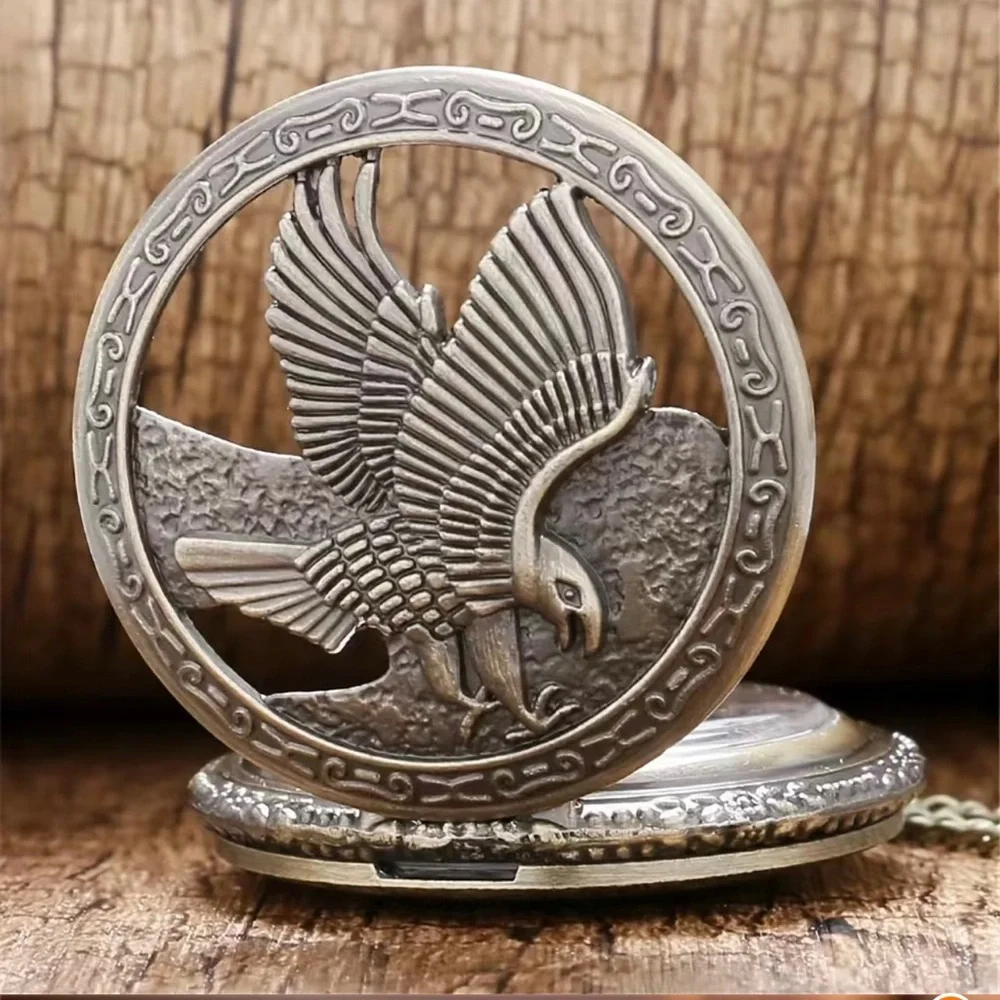Eagle Wings Retro Nostalgic Hollow Necklace Pocket Watch,Antique Bronze